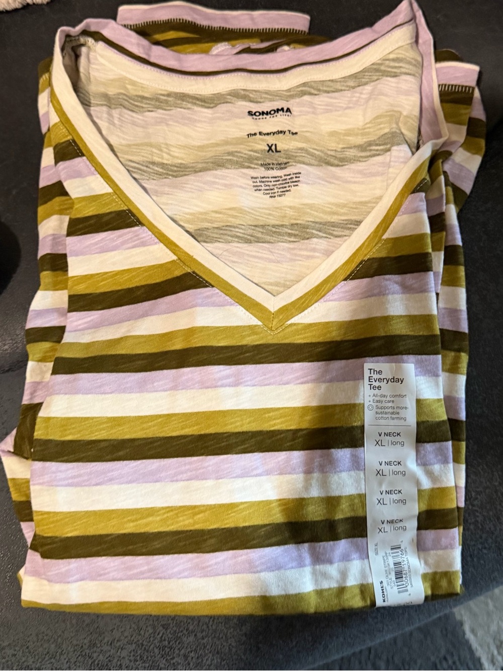 Sonoma Striped V-Neck Tee in Olive, Lilac & White XL